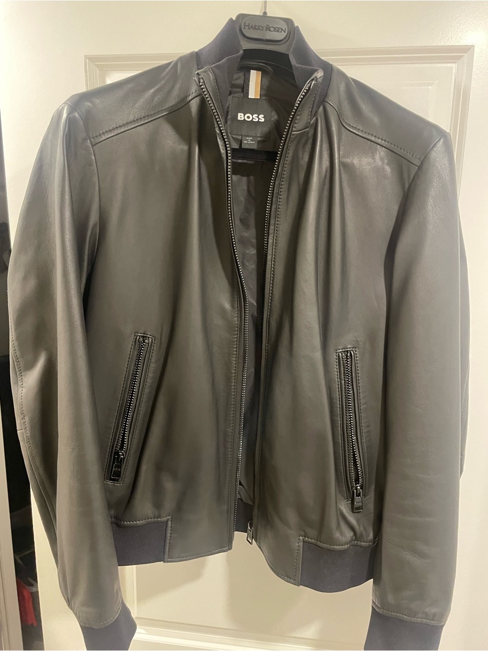 BOSS Men's Black Leather Bomber Jacket with Ribbed Trim